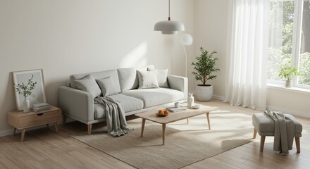 Modern Minimalist Living Room Interior Design - Bright and airy living room featuring a light grey sofa, wooden coffee table, and natural light. Perfect for modern home decor inspiration