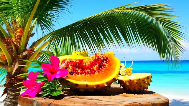 Tropical Paradise Still Life with Exotic Fruits and Palm Trees by the Ocean