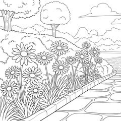 Daisy Flowers Blooming Along Garden Stone Pathway in Scenic Landscape – Black and White Line Art Coloring Page
