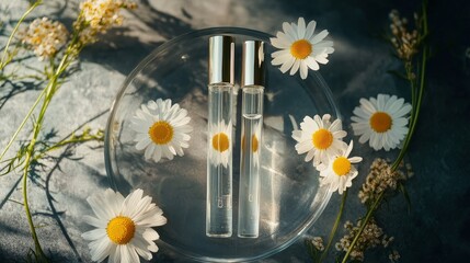 Chamomile flowers and clear stands on a dish, seen from above. Good spot to show off beauty items or designs.
