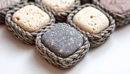 Close-up of decorative stone coasters.  Square stones, various muted tones (beige, gray, brown), nestled in woven gray baskets.  Abstract pattern