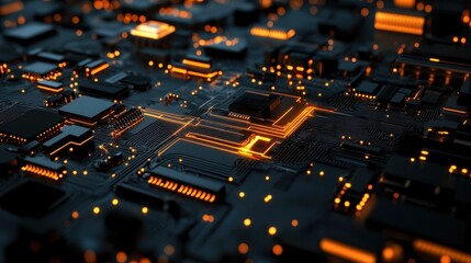 Immerse in a futuristic abstract technology background featuring intricate circuits with glowing elements. Ideal for designs related to innovation and digital themes.