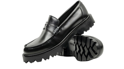 Elegant black leather loafers with a chunky sole isolated on transparent background, perfect for adding a touch of sophistication to any outfit and a trendy look