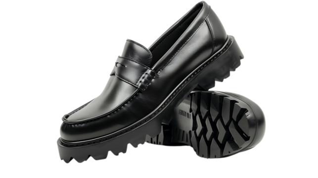 Elegant black leather loafers with a chunky sole isolated on transparent background, perfect for adding a touch of sophistication to any outfit and a trendy look