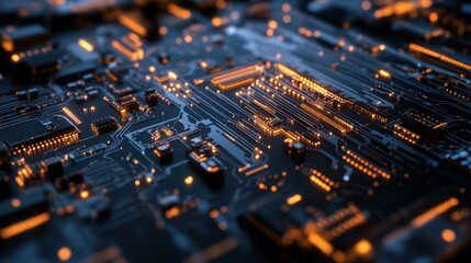 Obraz premium This image showcases a detailed futuristic circuit board design featuring glowing orange lights against a dark background, highlighting the intricate pathways and electronic components.