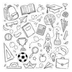 Doodle Illustration of School and Education Related Items hand drawn backpack