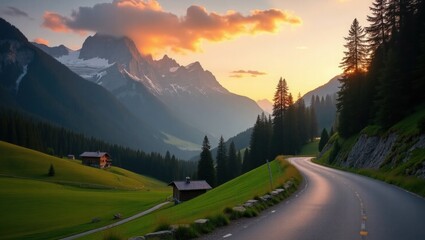 Fototapeta premium Sunset Horizon Across Serene Winding Road in Austrian Alps