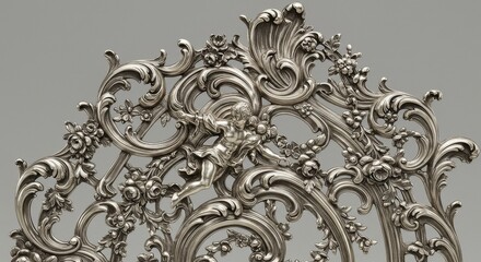 Ornate Silver Rococo Design - Detailed close-up of an exquisite silver piece featuring intricate rococo scrollwork, floral motifs, and a cherubic figure. Elegant and luxurious design