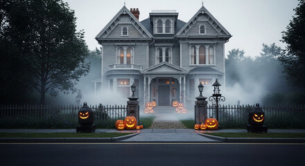 A spooky Victorian mansion decorated for a festive Halloween, with glowing jack-o'-lanterns and eerie fog at twilight.