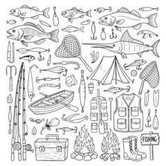 Fototapeta premium Hand Drawn Fishing Equipment and Outdoor Gear Collection reel tackle