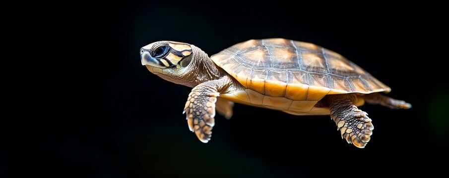 A close up portrait of a turtle swimming underwater showcasing its intricate shell patterns and alert expression