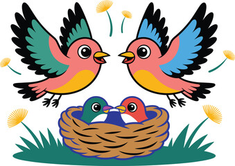 Naklejka premium Two birds feeding chicks in a nest his baby 