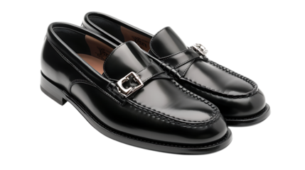 Elegant pair of black leather buckle loafers isolated on transparent background, a timeless fashion statement for the modern gentleman, perfect for formal occasions