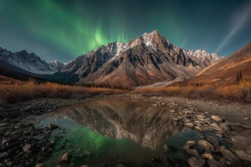 Majestic mountains reflected in a tranquil pool, illuminated by an aurora borealis