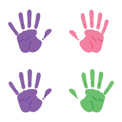 Four colorful handprints in purple pink and green on a white background representing childhood creativity and family
