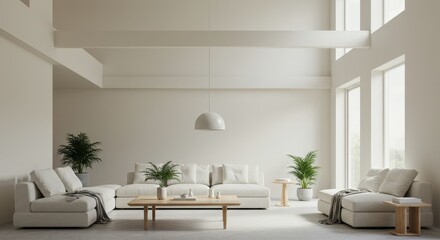 Spacious Minimalist Living Room Interior Design - Modern living room, minimalist furniture, natural light, airy space, serene atmosphere.