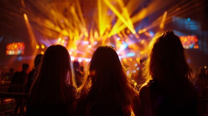 Fototapeta premium Three silhouettes enjoy a vibrant live concert experience with colorful stage lights illuminating the energetic atmosphere