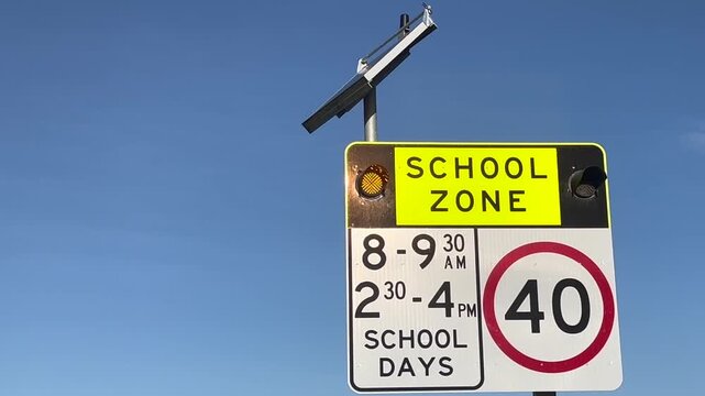 A solar powered school Zone traffic sign 40 km per hour speed restrictions isolated over blue sky