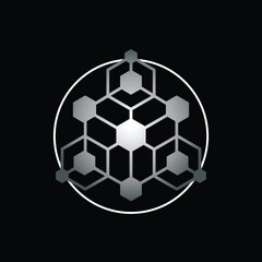 Obraz premium The image shows an abstract geometrical logo of connected hexagonal shape inside a circle. It looks clean and modern on a black background and can be used for crypto logo. 