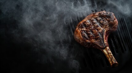 A sizzling tomahawk steak fresh off the grill, smoke rising, styled for food advertising on blurred background 