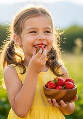 Young Girl Eating a Bowl of Fresh Strawberries