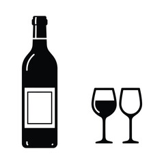 Simple black silhouette of a wine bottle with a blank label and two wine glasses