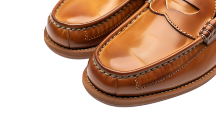 Closeup of a pair of brown leather penny loafers isolated on transparent background, showcasing the classic style and craftsmanship of this timeless footwear