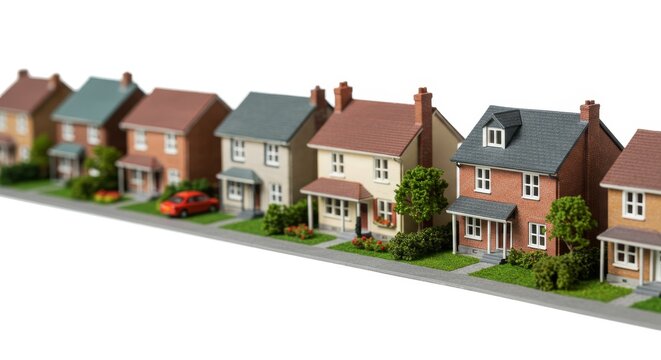Suburban House Row Model - Miniature houses in a row, perfect for real estate or neighborhood concepts. Ideal for website banners or brochures