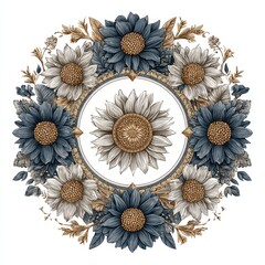 Blue and Beige Sunflower Wreath Illustration