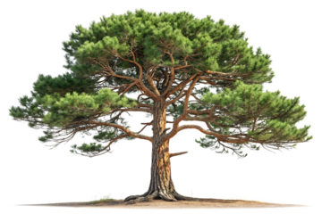 Large mature pine tree with wide spreading canopy and thick brown trunk, isolated on a transparent background