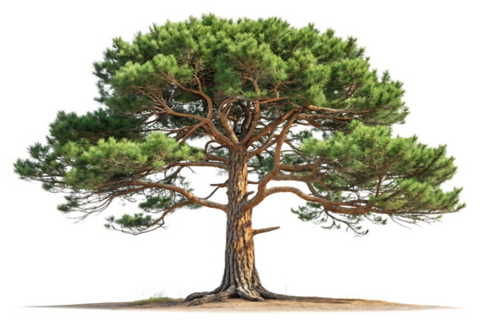 Large mature pine tree with wide spreading canopy and thick brown trunk, isolated on a transparent background - Powered by Adobe