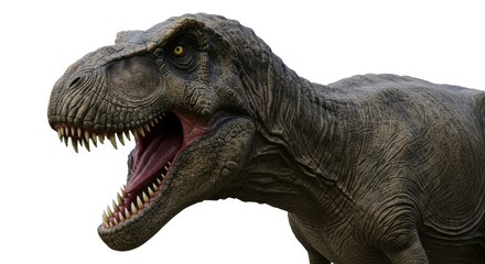 Tyrannosaurus Rex Portrait - Close-up of a roaring Tyrannosaurus Rex, showcasing its powerful jaws and sharp teeth. A prehistoric predator