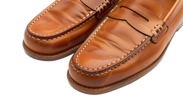 A closeup studio shot of a pair of brown leather penny loafers isolated on transparent background, showcasing the timeless style and quality craftsmanship