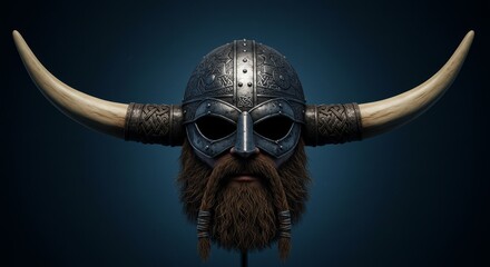 Viking Helmet and Beard - Detailed close-up of a Viking helmet with horns and a long beard, set against a dark blue background
