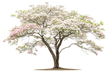 Obraz premium Cherry blossom tree covered in abundant white and pink spring flowers on delicate branching structure, isolated on a transparent background