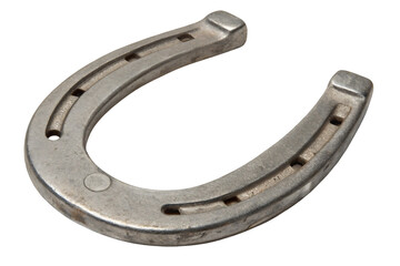 Metal horseshoe with nail holes and weathered silver finish showing traditional equestrian farrier craftsmanship, isolated on a transparent background