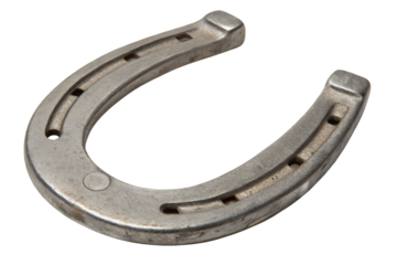 Metal horseshoe with nail holes and weathered silver finish showing traditional equestrian farrier craftsmanship, isolated on a transparent background