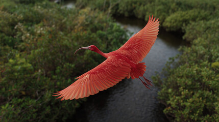 Scarlet Ibis in Flight: An exquisite Scarlet Ibis soars gracefully, its vibrant plumage creating a striking contrast against a lush green waterway, a testament to the wonders of nature's artistry.