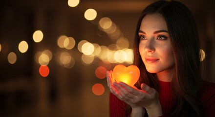 Woman Holding Glowing Heart - A young woman with long brown hair holds a glowing heart-shaped light in her hands, set against a bokeh background of warm lights