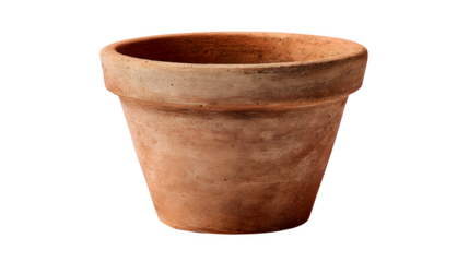 A small, unglazed terracotta plant pot, empty, showing natural earthy texture, isolated on a pure Transparent Background.