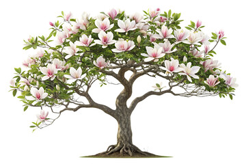 Obraz premium Flowering magnolia tree covered in delicate pink and white blossoms during beautiful spring blooming season, isolated on a transparent background