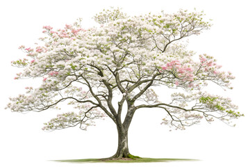 Obraz premium Broad flowering tree covered in abundant white and light pink blossoms showing peak spring flowering, isolated on a transparent background