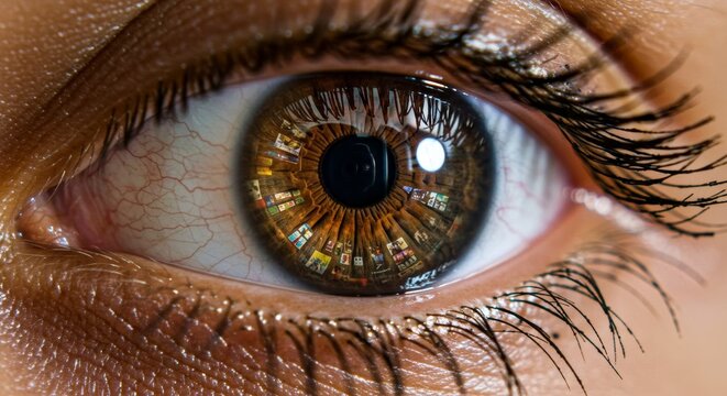 World Reflected in the Eye - A close-up of an eye reflecting a grid of images, symbolizing information overload, technology's impact, social media consumption, immersion, and visual stimulation