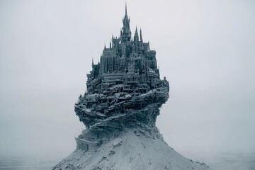 A massive, dark grey, fantastical castle-city perched atop a snow-covered mountain. 