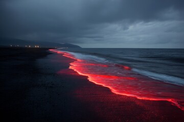 Fototapeta premium Glowing Red Waves on Dark Beach Under Dramatic Cloudy Sky at Dusk
