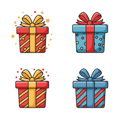 Four festive gift boxes with colorful ribbons and bows perfect for celebrations and holidays