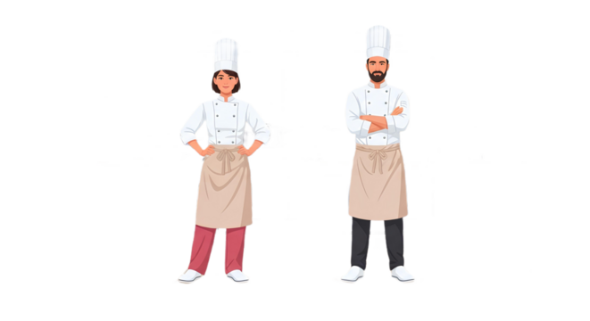 Two chefs in uniform standing side by side against a black background in a full body shot