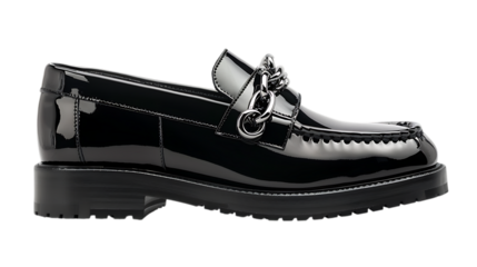 Elegant black patent leather loafer with silver chain isolated on transparent background, a stylish and trendy footwear for a classic and formal look, studio shot
