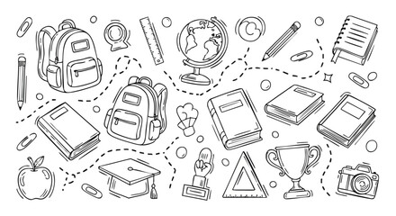 A charming collection of hand-drawn school supplies, presented as playful doodles