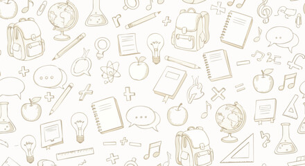 Fototapeta premium A charming seamless pattern featuring various hand-drawn school doodles and essential educational supplies like backpacks, globes, apples, books, and pencils on a clean white background